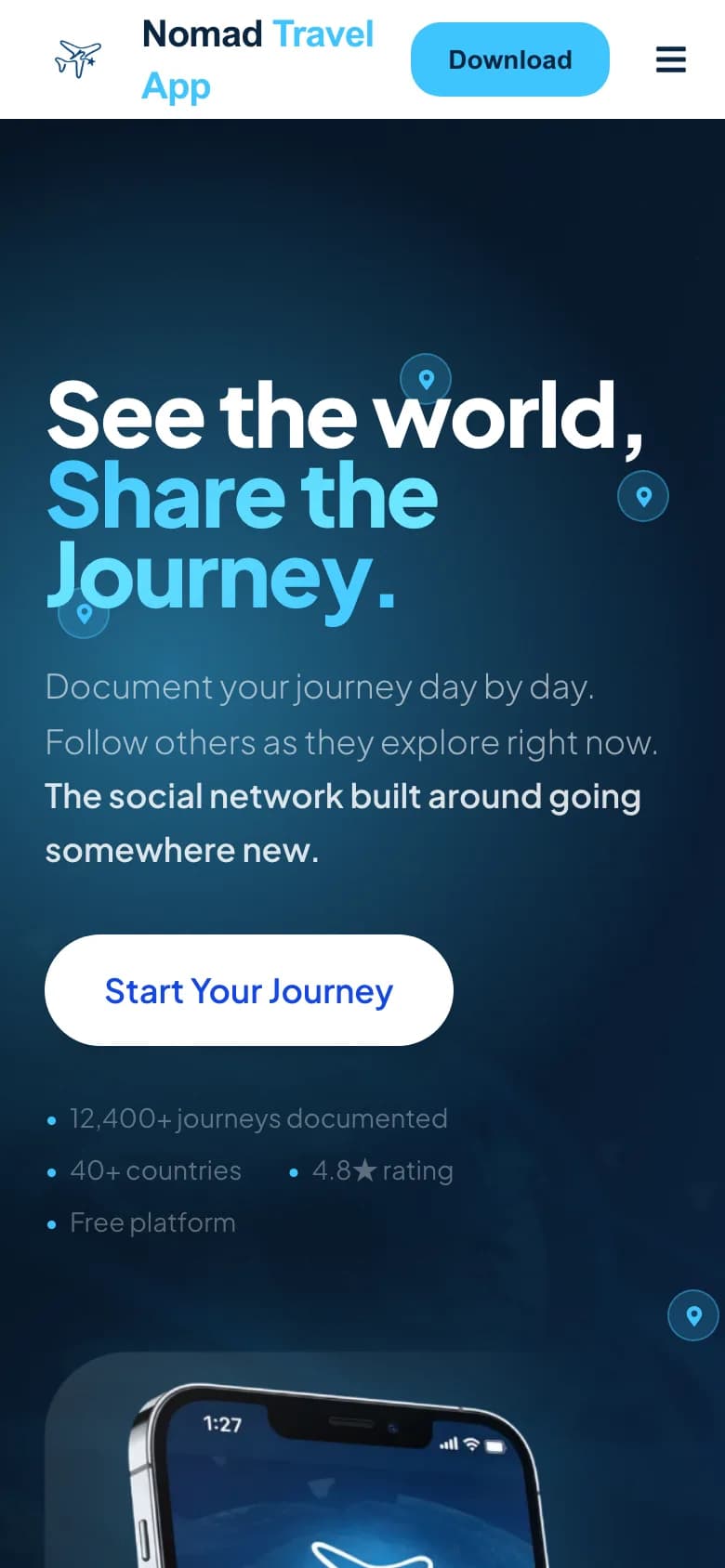 Nomad Travel App website on mobile